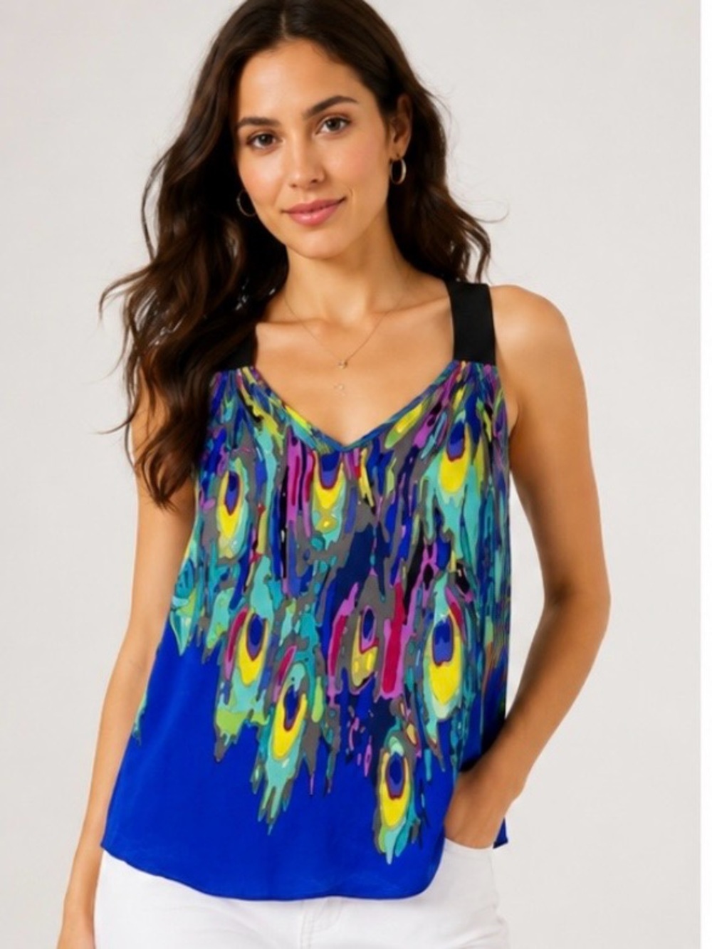 Trina Turk Colorful Peacock Print Dressy Silk Racerback Tank Small